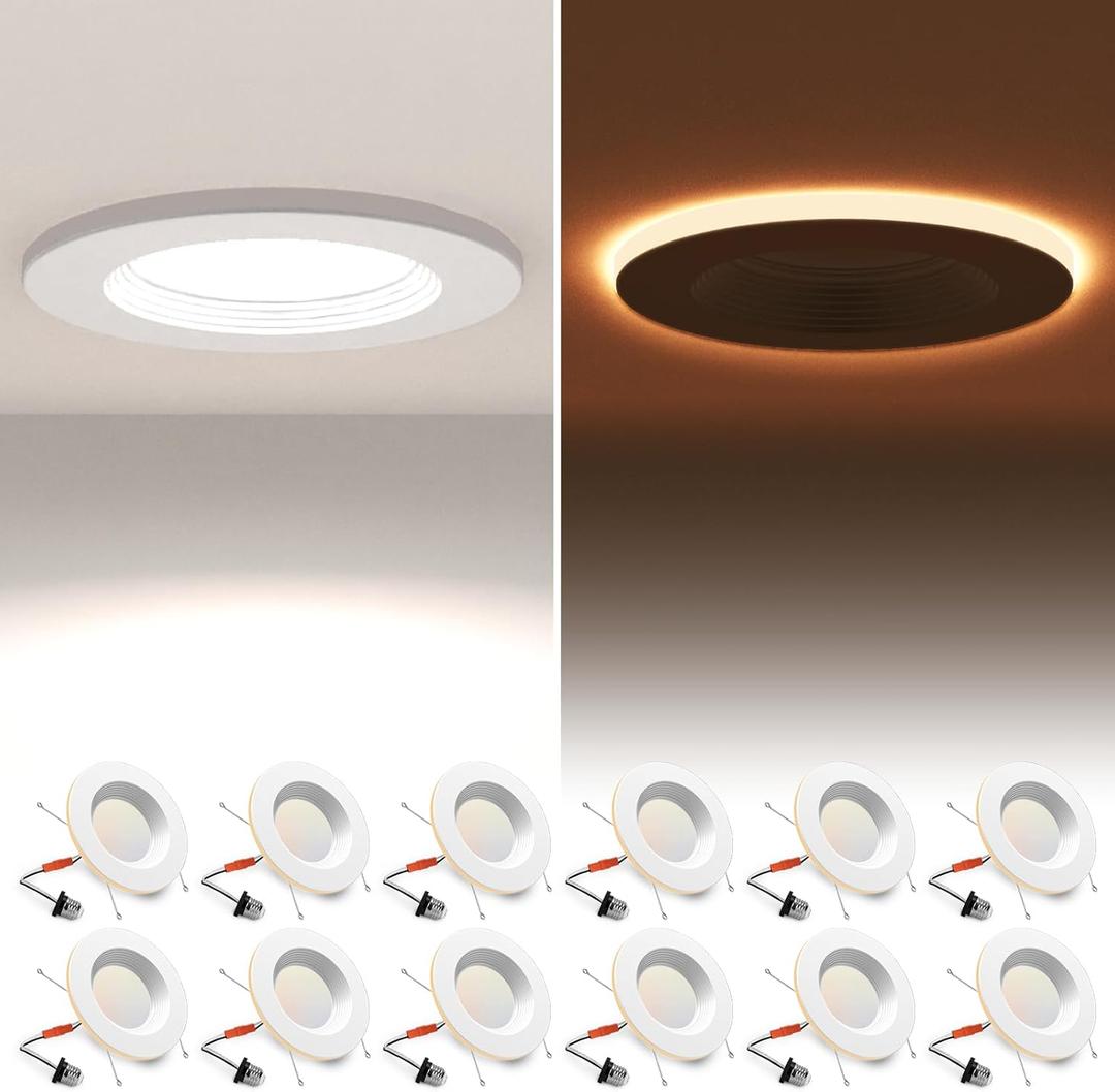 12 Pack 5/6 Inch LED Can Lights with Night Light, Metal 5CCT Retrofit Recessed Lighting Selectable 2700K-6000K Dimmable, 12W=75W, 1200LM Downlight with Metal Smooth Trim - ETL and Energy Star