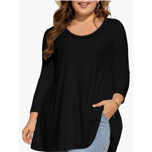 Womens Tunic Tops 3/4 Sleeve Plus Size Crew Neck Swing Flare Loose Fit T-Shirt Blouses to Wear with Leggings, Black XXL