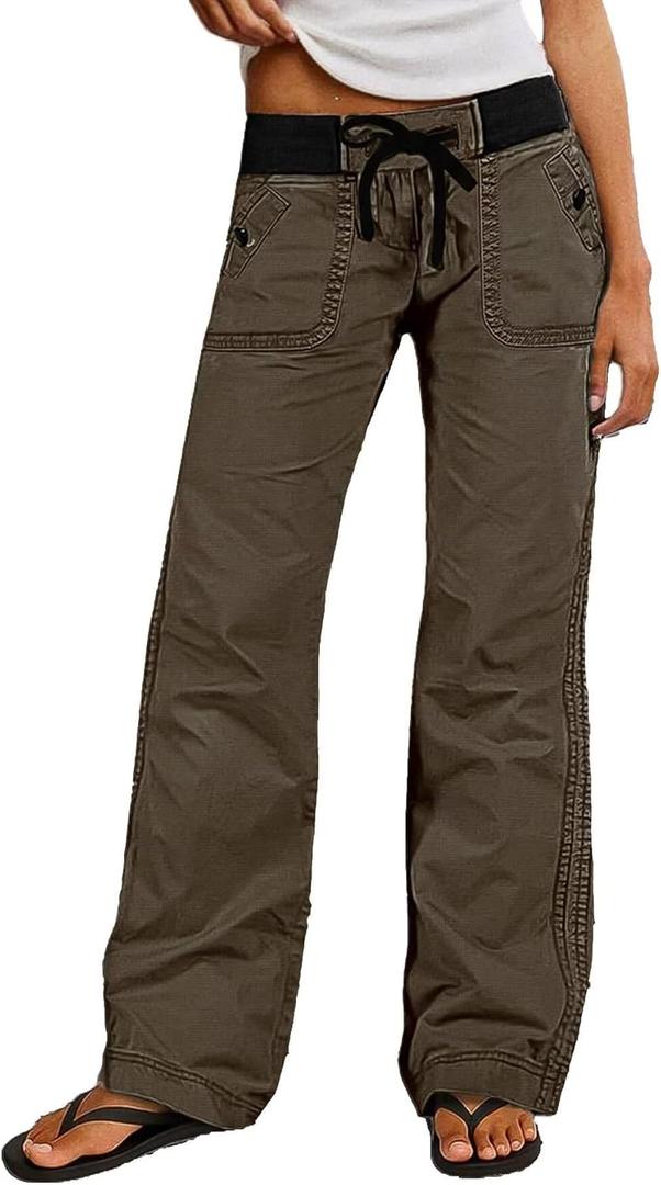 Flamingals Straight Leg Pants for Women Drawstring Waist Mid Rise Casual Solid Seam Detail Pants (Large, Chocolate)