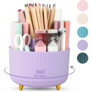SKYDUE 360 Rotating Purple Pen & Art Supply Organizer - 5 Slot Desk Organizer for Office, School, Home