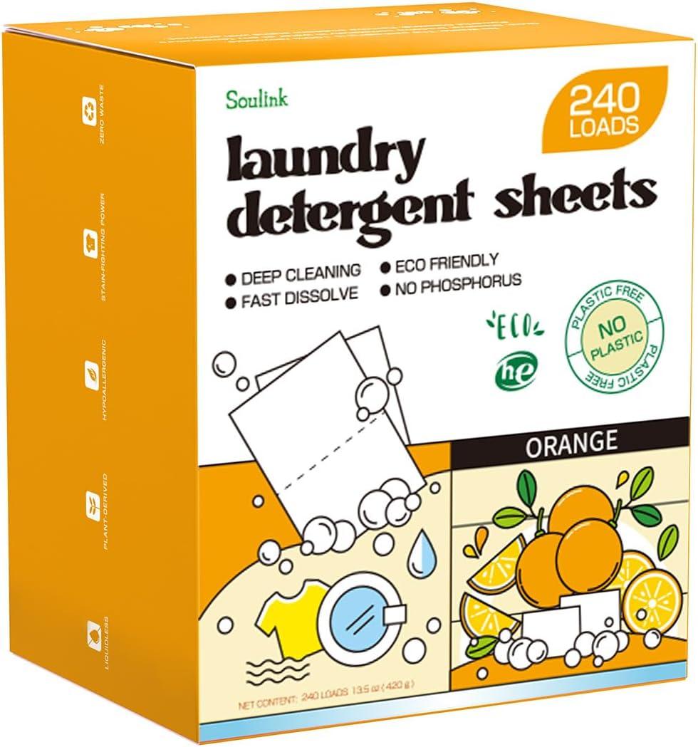 Soulink Laundry Detergent Sheets, 240 Loads - Eco-Friendly, Plant-Based, Hypoallergenic, No Plastic Jug (Orange Scent) (240 Count (Pack of 1))