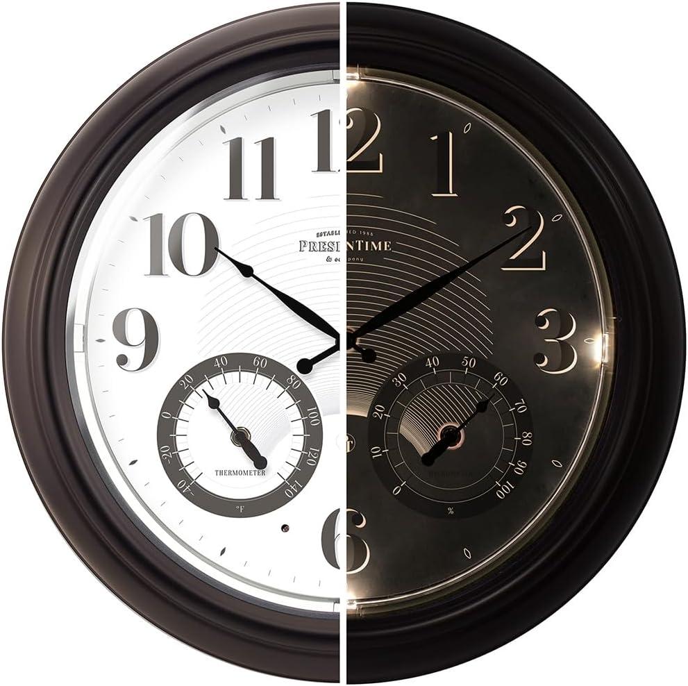 Presentime & Co 18" Illuminated in/Outdoor Clock with Smart Sensor and Night Light, Waterproof, Large Wall Clock with Thermometer & Hygrometer, for Garden and Patio - Oil Rubbed Bronze