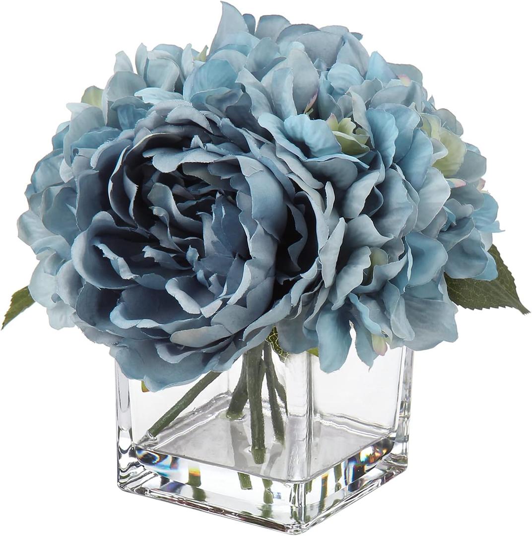 Artificial Hydrangea, Peony & Rose Silk Flowers with Vase - Faux Floral Arrangements for Home, Bathroom, Office & Table Decor (Blue #26)