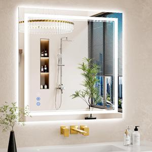 30"x30" LED Bathroom Mirror with Lights, Anti-Fog, Backlit + Front Lit, Dimmable, Led Vanity Mirror for Wall, Lighted Bathroom Mirror,3 Colors, Shatter-Proof Tempered Glass (White)