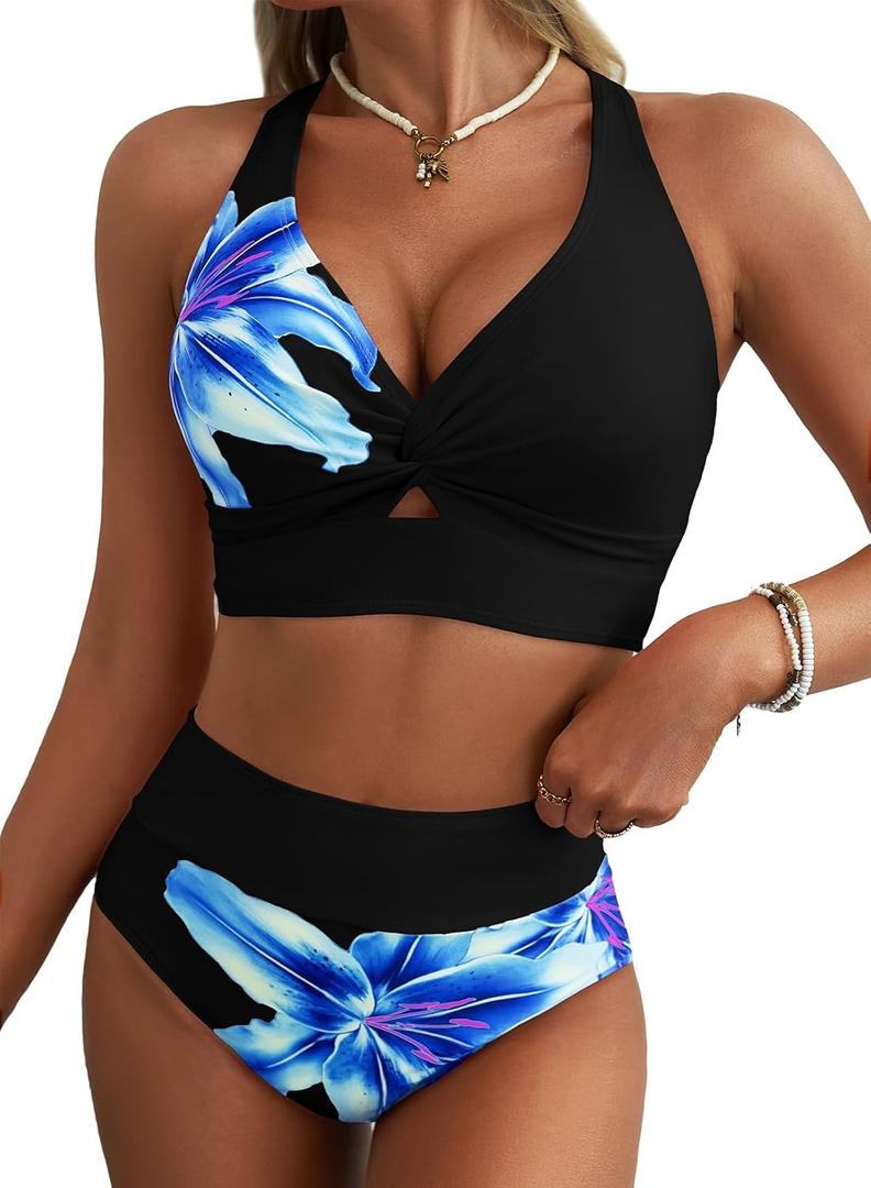 Herseas Women's 2 Piece Bikini Sets Twist Front Top Lily Print Swimsuits High Waisted Bathing Suit Beach Summer Swimwear Medium