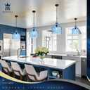 Farmhouse Pendant Light – Hand-Blown Blue Hammered Glass Shade, Black Finish, E26 Socket, Adjustable Chain Hanging Light Fixture for Kitchen Island, Dining Room & Hallway, 15" H x 12" D