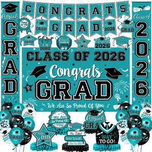 2026 Graduation Decorations, Teal Graduation Decorations Set with Congrats Grad Banner & Backdrop, Porch Sign, Hanging Swirls, Balloons, Honeycomb Centerpieces for Congrats Grad Party Decorations