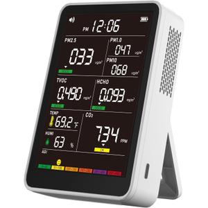 Professional Indoor Air Quality Monitor with AQI, Portable Real-Time Detector for Home Cars Plants and Pets (White)