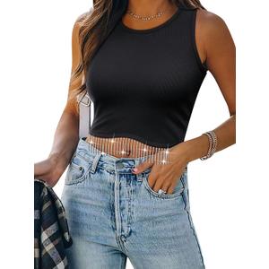 Womens Western Sparkly Fringe Sleeveless Crop Tops Cowgirl Going Out Cropped Tank Tops with Glitter Tassel (M)