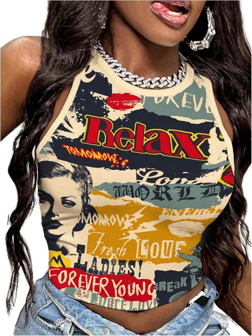 SOLY HUX Women's Y2k Tops Vintage Graphic Tank Top Sleeveless Tight Fitted Shirt Summer Concert Rave Outfits M