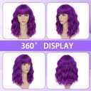 Pastel Dark Purple Wavy Bob Wig for Women, Short Shoulder Length Synthetic Wig with Bangs, Matte Natural Realistic Look Lightweight Hairpiece, Purple Color for Daily Wear & Cosplay Costume