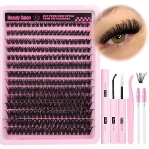 DIY Eyelash Extension Kit D-Curly Wispy Volume Lash Clusters Individual Lashes Lash Extension Kit with Lash Bond and Seal Applicator Tool for Self Application at Home (80P-280Pcs-Mix10-16mm-0.07D)