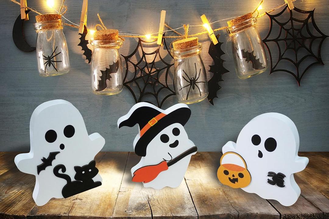 2 x 3pcs Cute Ghost Halloween Indoor Decoration, Wooden Layered Tray Countertop Sign, Suitable for Halloween Party Home Display