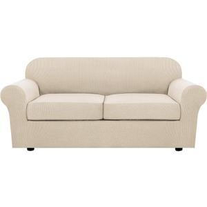 H.VERSAILTEX 3 Piece Stretch Sofa Covers for 2 Cushion Sofa Couch Covers for Living Room Sofa Slipcovers (Base Cover Plus 2 Seat Cushion Covers) Thicker Jacquard Fabric(Large Sofa, Natural) (Medium-XL)