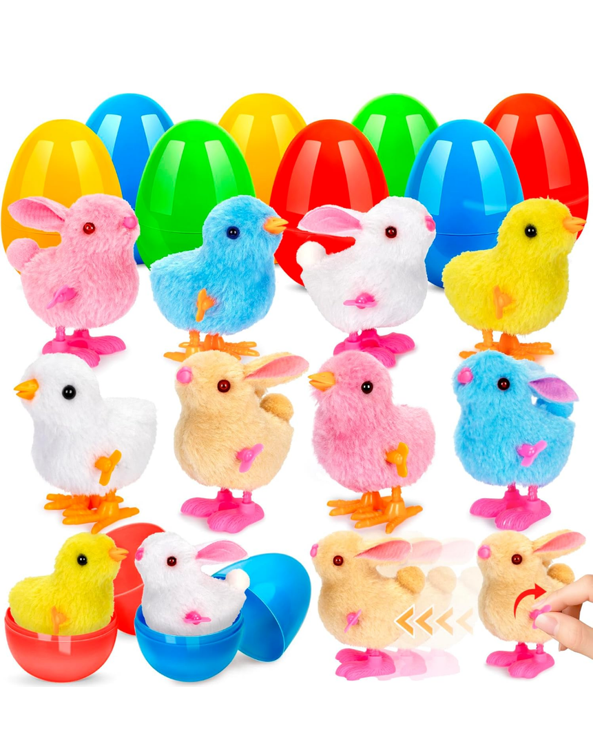 BAYSING 8 Pack Jumbo Easter Egg Fillers Wind-up Bunnies and Chicks for Kids, Basket Stuffers with Toys Inside, Filled Easter Egg Hunt Party Favors Supplies, Easter Basket Essentials, Classroom Prize