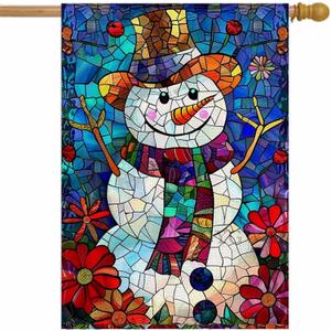 Stained Glass Christmas House Flag 28x40 Double Sided, Winter Snowman Yard Flag Welcome for Outside Porch Lawn Decor