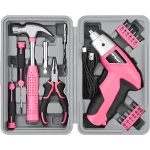 Hi-Spec Cordless Electric Screwdriver, Power Screw Driver Set with Pink Compact Tool Kit for Small Repair and Maintenance- Ideal Housewarming Gift,19 Piece