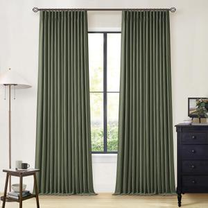 Olive Green Blackout Linen Curtains 108 Inches Long for Bedroom Pinch Pleated Black Out Curtains Lined 2 Layers Memory Shape Noise Reducing Neutral Farmhouse Living Room Darkening Window Drapes