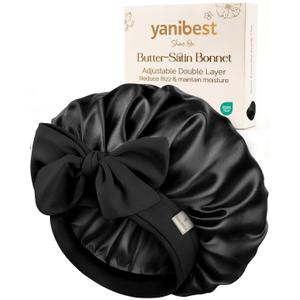 Yanibest Adjustable Satin Bonnet for Sleeping, Double Layer Silk Hair Bonnet with Tie Band for Unisex Women Men Curly Natural (Black)