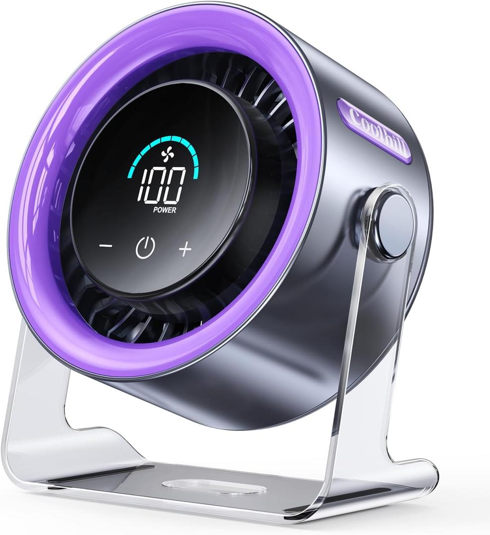 USB Desk Fan for Bedroom: 100 Speeds Digital Display Quiet Table Fan with Turbo Airflow, 120 Rotating Small Rechargeable Battery Desktop Fans for Bedroom Home Office (Purple)