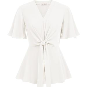 GRACE KARIN 2026 Women's Elegant V Neck Peplum Tops Tie Front Short Bell Sleeve Shirts Tops Blouse (White, S)