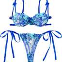 Lilosy Sexy Tie Side Cute Underwire Push Up Strappy Embroidered Mesh Sheer Lingerie Set (Small, Bow Flower Blue)