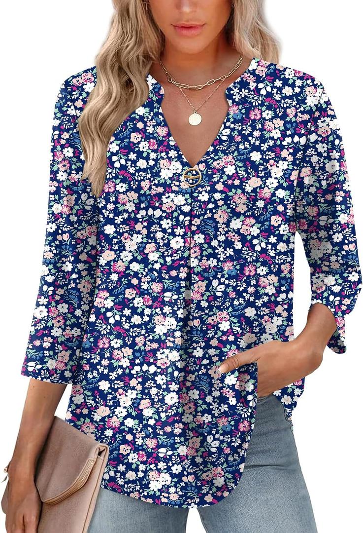 LOMON 3/4 Length Sleeve Womens Tops V-Neck Blouses Dressy Casual Flowy Shirts Business Tunic to Wear with Leggings S-3XL (M)