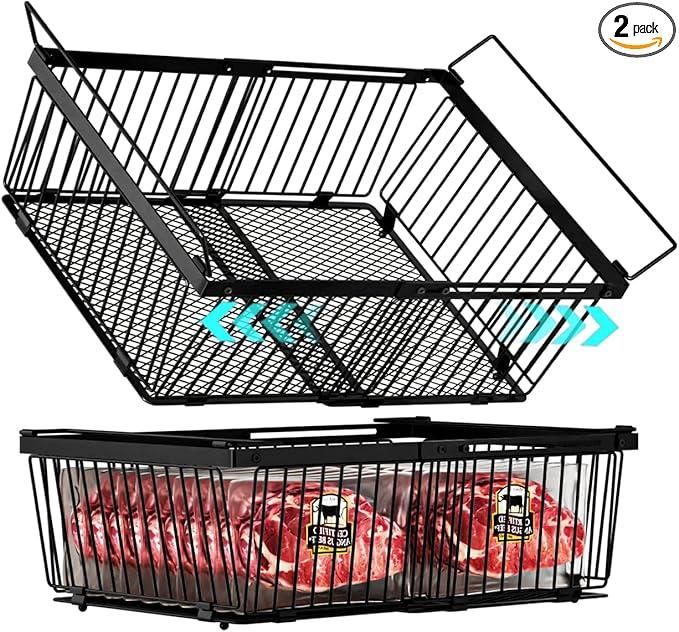 iSPECLE Freezer Organizer Bins  1 Pcs Large Stackable Baskets & 1 Pcs Hanging Deep Freezer Organizer Bins for 10 to 20 Cu. Ft Chest Freezer Easily Gets Bottom Food, Expandable Adds Space, Black