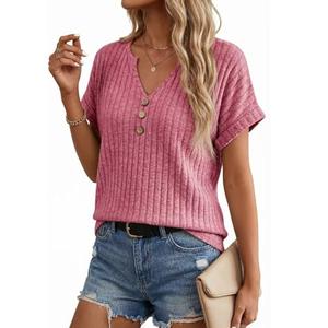 Linpacious Womens Henley Tunic Tops, Relaxed Fit Short Sleeve V Neck Ribbed Knit T Shirts, Flowy Spring Summer Blouse for Leggings, Burgundy X-Large