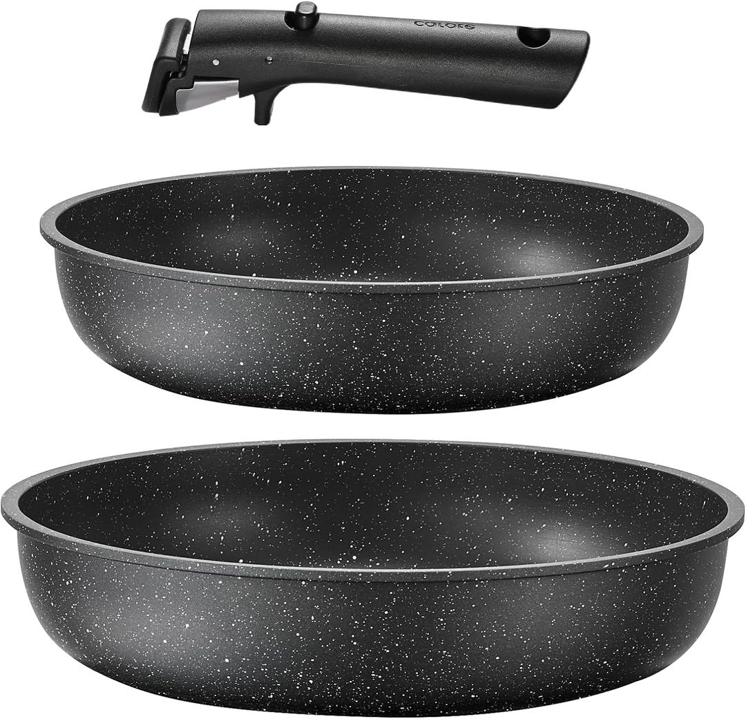 CAROTE 3pcs Pots and Pans Set Non Stick, Cookware Sets, Kitchen Set, Oven/Dishwasher/Fridge Safe, Space Saving Pots Set, Nonstick Set with Versatile Detachable Handle, Induction RV Set, Black
