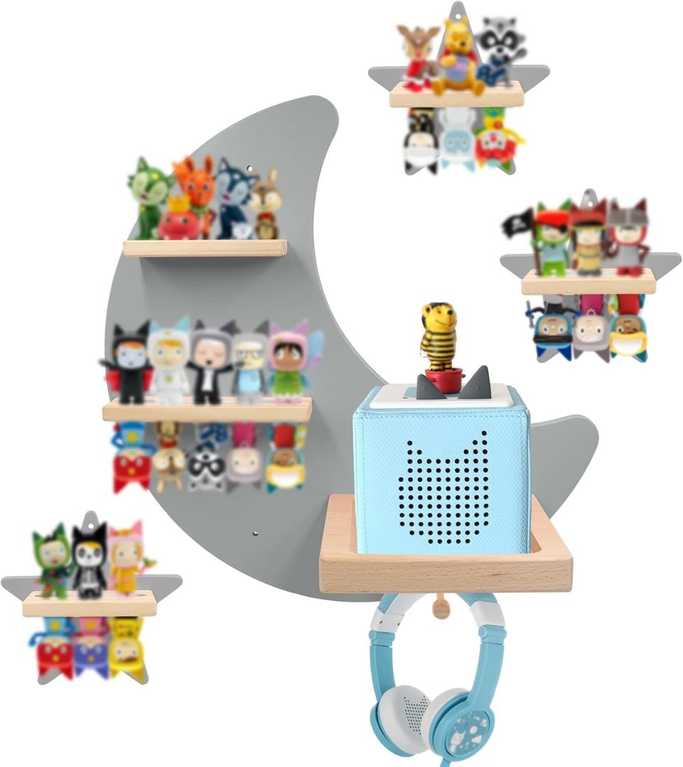for Toniebox 1 and Toniebox 2 Tonie Shelf Wall Mounted Set,Tonies Figures Tonies Storage,Magnetic Wooden Floating Shelves Compatible with Tonie Box Player Character for Children Room (grey-moon)