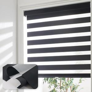 Cordless Zebra Blinds for Windows Shade Dual Layer Free-Stop Light Filtering Roller Blinds Thermal Insulated Privacy Protection, Inside or Outside Mount(Black,27''W x 72''H)