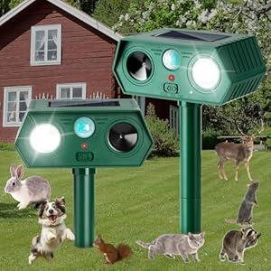 2Pack 2025 Ultrasonic Animal Repellent Outdoor Deer Repellent Devices Solar Animal Repeller Motion Activated Deterrent to Scare Cat Squirrel Rabbit Raccoon Skunk with LED Flash Lights for Yard Lawn