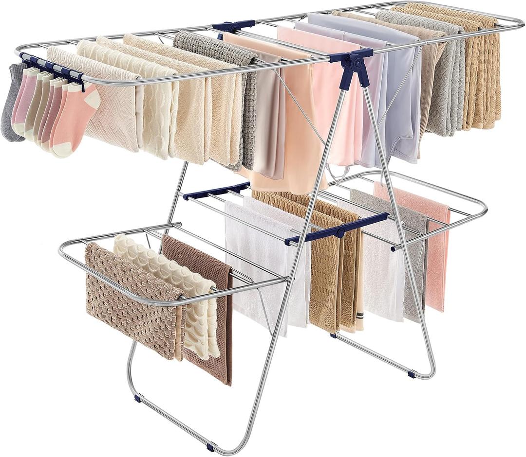 SONGMICS Clothes Drying Rack, Foldable 2-Level Laundry Drying Rack, Free-Standing Laundry Airer, with Height-Adjustable Wings, 33 Drying Rails, Sock Clips, Silver and Blue ULLR53BUV1, 2 Tiers22"d x 61.8"w x 64.3''h )