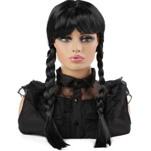 Long Black Braided Wig with Bang for Kids Girls Gothic Party Cosplay Hair for Halloween Costume Dress-up
