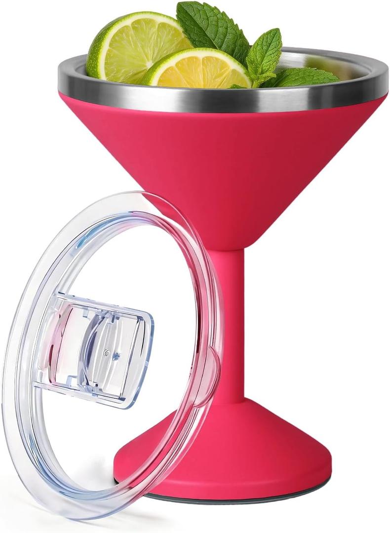 Daximo 13 oz Double-Wall Vacuum Insulated Martini Tumbler Stainless Steel Martini Glasses with Lid and Non-slip Base Elegant Large Martini Cups for Perfectly Chilled Drinks (Red)