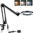 Magnifying Glass with Light and Stand, 3 Color Modes Stepless Dimmable, 5-Diopter Glass Lens, Adjustable Swivel Arm, LED Magnifier Desk Lamp for Close Work, Repair, Crafts, Reading - Long