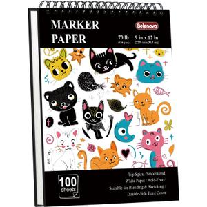 Belenova 9" x 12" Marker Paper Pad, 100 Sheets Bleedproof Sketchbook for  Markers - 73lb/120gsm Art Supplies for Drawing & Coloring (Kids/Adults). (Black)