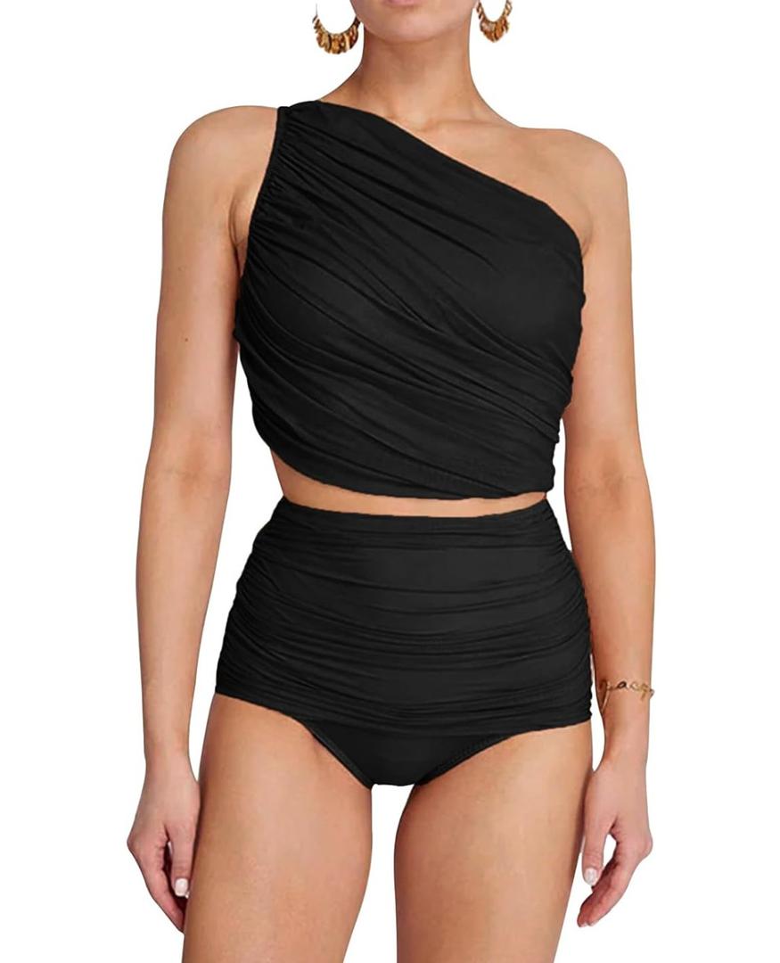 Leoparts Women's One Shoulder Two Piece Bikini Swimsuits Ruched Mesh High Waisted Wrap Skirt Bathing Suit Size L
