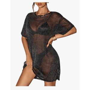 Floerns Women's Glitter Sparkly Short Sleeve Sexy Party Dress Sheer Mesh Loose Club Rave Concert Festival Short Dress ,Black,  XS