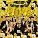 New Years Eve Party Supplies 2026, Happy New Years Decorations, Happy New Year Banner, Hats, Glasses, Hanging Swirls, Black Gold Balloons, Photo Props, Champagne Wine Glass 2026 Foil Balloon, Curtain