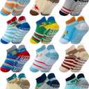 RATIVE Anti Slip Ankle Socks with Grips for Baby Toddler Kids Boys Girls (12-24 Months, 12-pairs/Animal World)