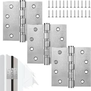 3Pcs Stainless Steel Silver Door Hinges, 4 x 4 Inch Door Hinge with Ball Bearing, Heavy Duty Door Hardware, Door Hinges with Square Corners