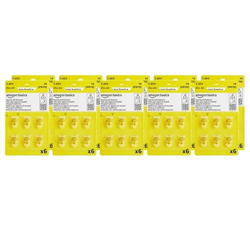Amazon Basics 60-Pack Hearing Aid Size 10 Zinc-Air Batteries, 1.45 Volt, Yellow Tab, 4-Year Shelf Life, Child-Safe Package (Use Scissors to Open)