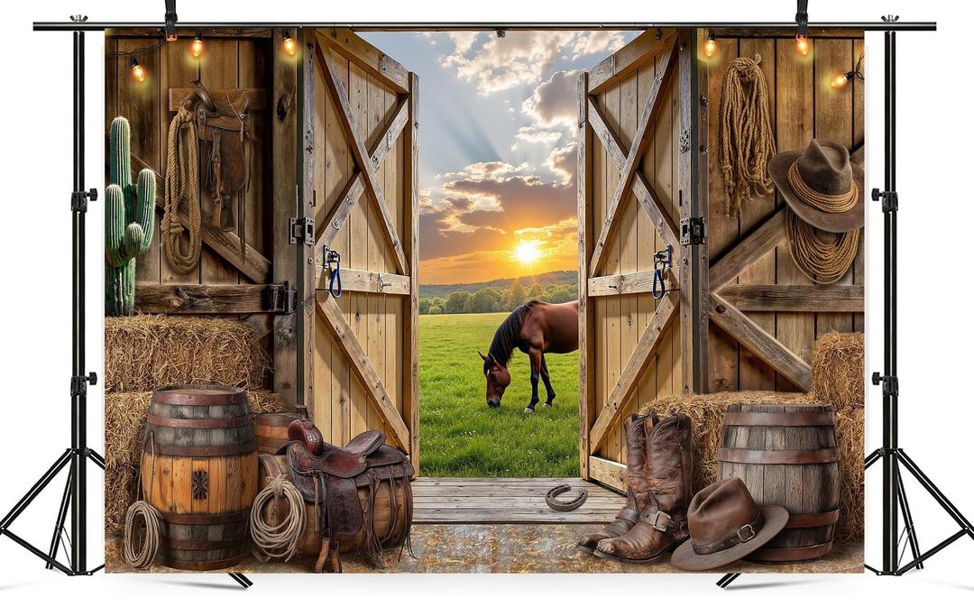 Newsely Western Cowboy Backdrop 7Wx5H Photography Wild West Rustic Wooden Western Party Decorations Farmhouse Horse Barn Door Vintage Country Birthday Background Banner Photo Booth Props Supplie