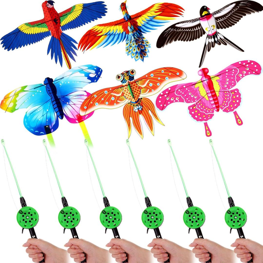 6 Pcs Mini Fishing Rod Kite for Kids Ages 4-8 8-12,Vivid Butterfly Swallow Parrot,Easy to Fly,Goldfish Phoenix Kites for Adults Family in Spring Outdoor Beach Team Building,12 Inch