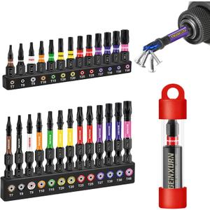 Geinxurn Impact Torx Screwdriver Bits Set,26Pcs 1/ 2Magnetic S2 Steel Multi Star Driver BitsT7-T40and 1Pc Bit Holder with Color Coded Base