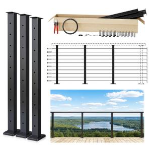 Muzata 8-12FT Modular Black Cable Railing Kit 36 Inch 3 Level Post Kit Complete Set Cable Railing System for Decks Length Adjustable Easy DIY with Paper User Guide (No Handrail) RW17