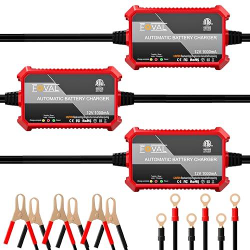 [3-Pack] 1000mA Car Battery Charger, FOVAL 12V Fully Automotive Battery Charger Maintainer, Trickle Charger, Float Charger and Desulfator for Motorcycle, ATV Car Lawn Mower and Lead Acid Batteries