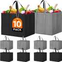 WISELIFE Reusable Grocery Shopping Bags 10 Pack Large Foldable Tote Bags Bulk, Eco Produce Bags with Long Handle for Shopping Groceries Clothes (Grey&Black)